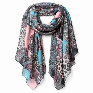 Paisley & Leopard Print Lightweight Scarf | Teal Pink Black | Large Square